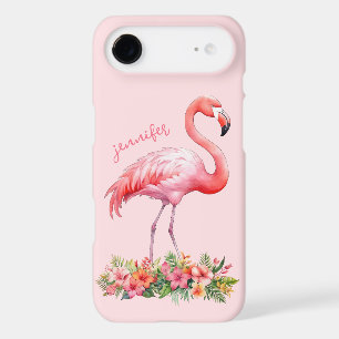 Pink Flamingo with Tropical Flowers