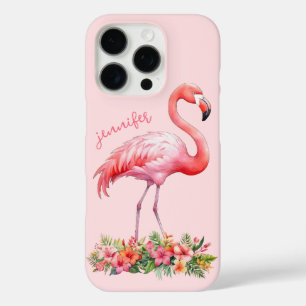 Pink Flamingo with Tropical Flowers iPhone 16 Pro Case