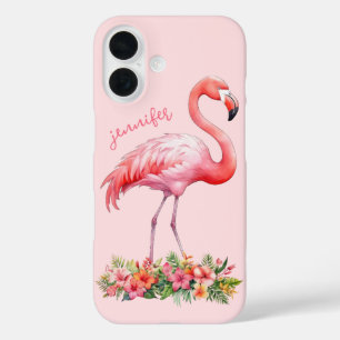 Pink Flamingo with Tropical Flowers iPhone 16 Case