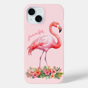 Pink Flamingo with Tropical Flowers iPhone 15 Case