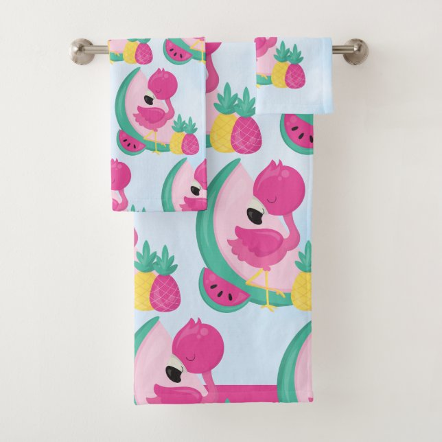 Pink Flamingo with Tropical Fruits Pattern Bath Towel Set (Insitu)