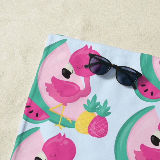 Pink Flamingo with Tropical Fruits Pattern Beach Towel (In Situ)