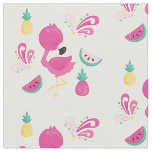 Pink Flamingo with Tropical Fruits Pattern Fabric