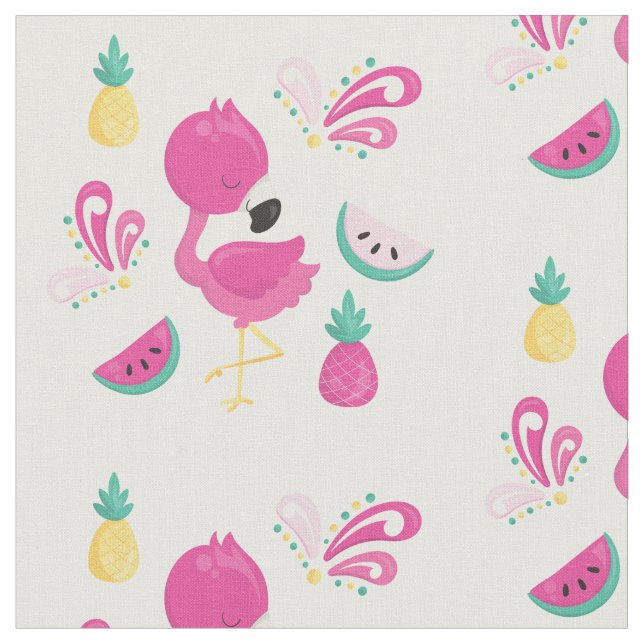 Pink Flamingo with Tropical Fruits Pattern Fabric (Close Up)
