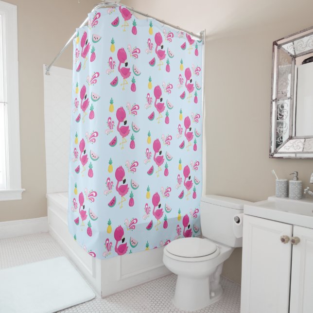 Pink Flamingo with Tropical Fruits Pattern on Blue Shower Curtain (In Situ)