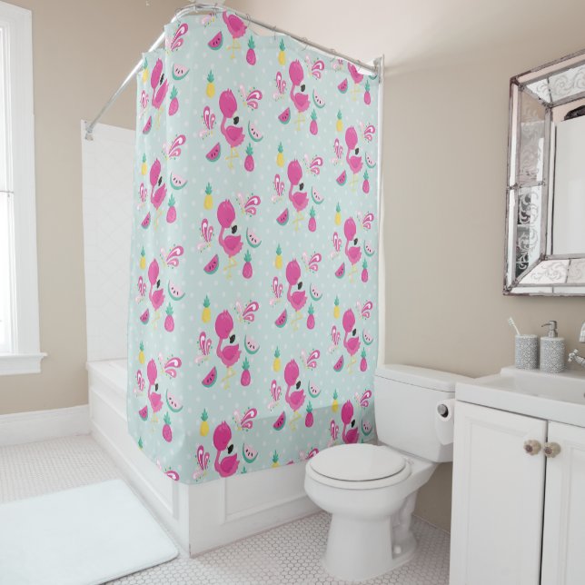 Pink Flamingo with Tropical Fruits Pattern Shower Curtain (In Situ)