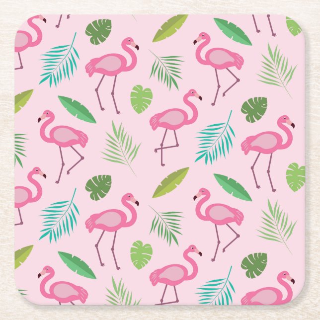 Pink Flamingo with Tropical Leaves Pattern  Square Paper Coaster (Front)