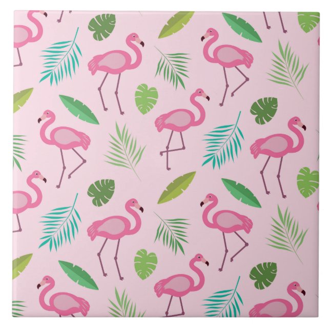 Pink Flamingo with Tropical Leaves Pattern  Tile (Front)