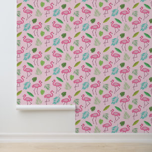 Pink Flamingo with Tropical leaves Wallpaper