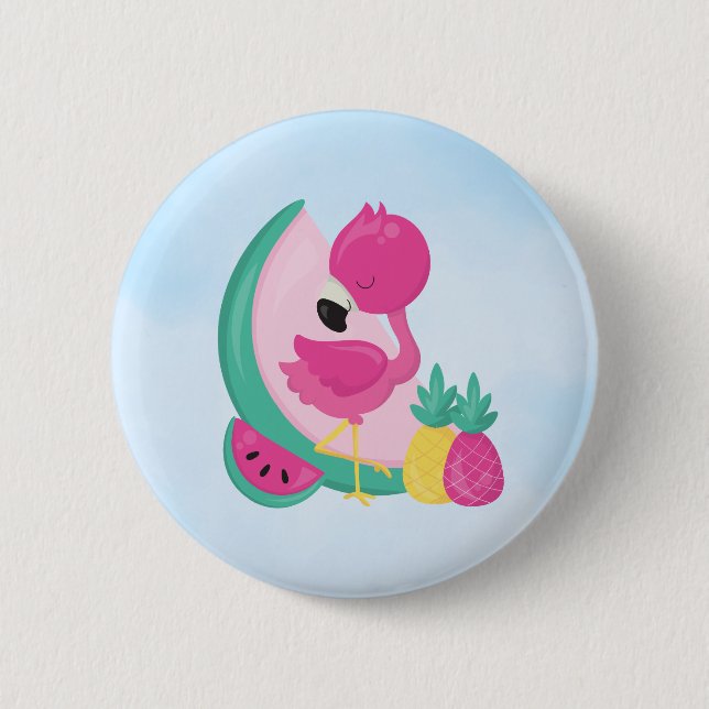 Pink Flamingo with Watermelon & Pineapples 6 Cm Round Badge (Front)