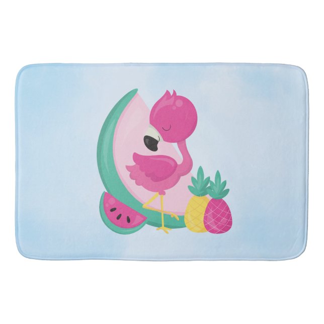 Pink Flamingo with Watermelon & Pineapples Bath Mat (Front)