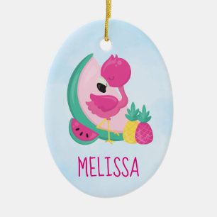 Pink Flamingo with Watermelon & Pineapples Ceramic Tree Decoration