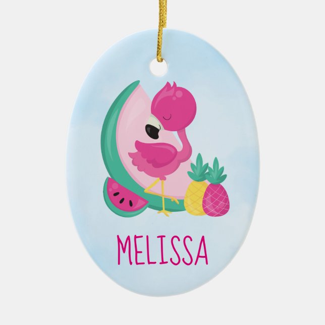 Pink Flamingo with Watermelon & Pineapples Ceramic Tree Decoration (Front)