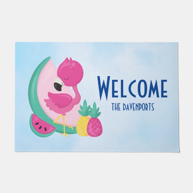 Pink Flamingo with Watermelon & Pineapples Doormat (Front)