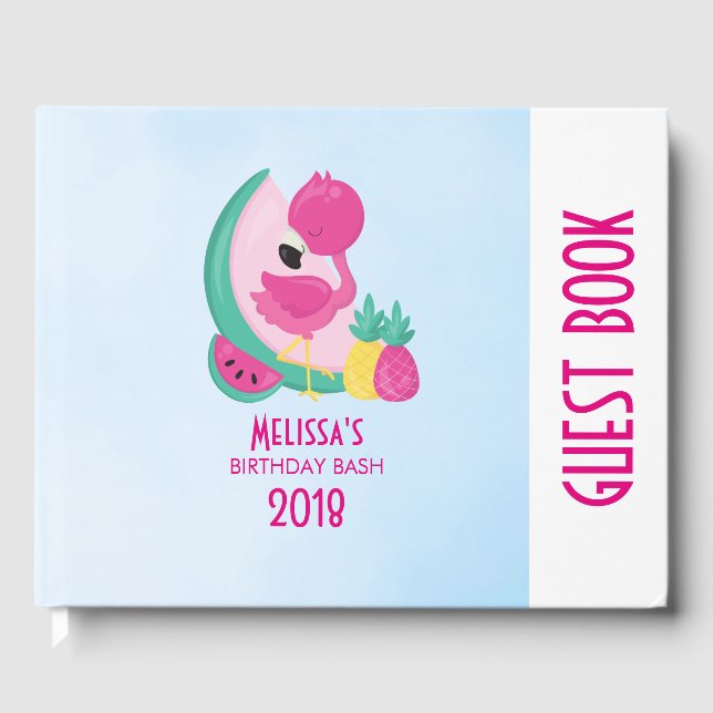 Pink Flamingo with Watermelon & Pineapples Guest Book (Front)