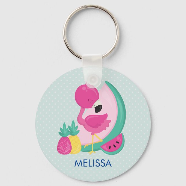 Pink Flamingo with Watermelon & Pineapples Key Ring (Front)