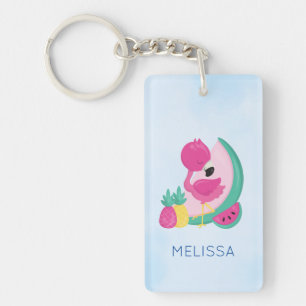 Pink Flamingo with Watermelon & Pineapples Key Ring