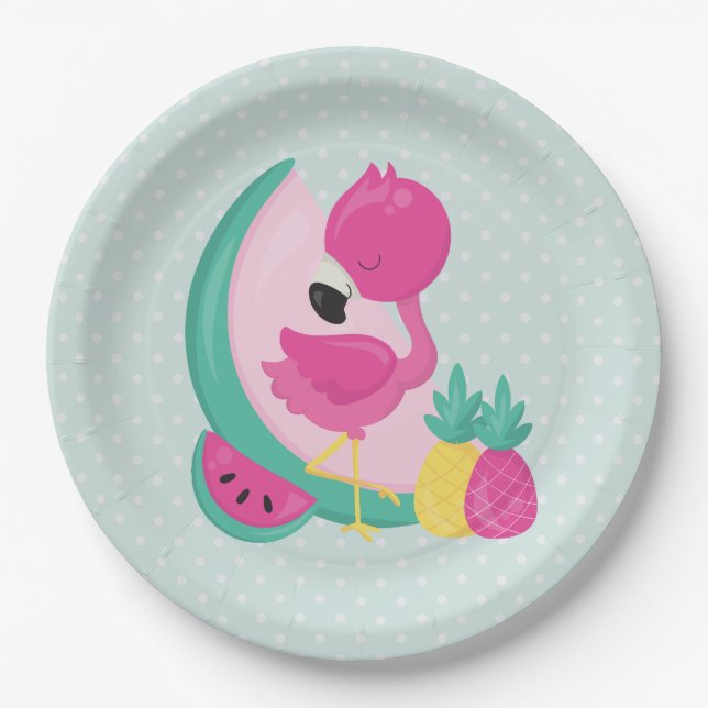 Pink Flamingo with Watermelon & Pineapples Paper Plate (Front)
