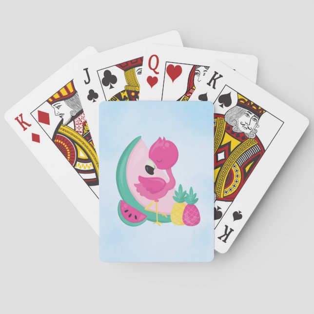 Pink Flamingo with Watermelon & Pineapples Playing Cards (Back)