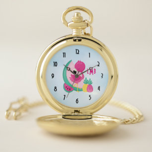 Pink Flamingo with Watermelon & Pineapples Pocket Watch