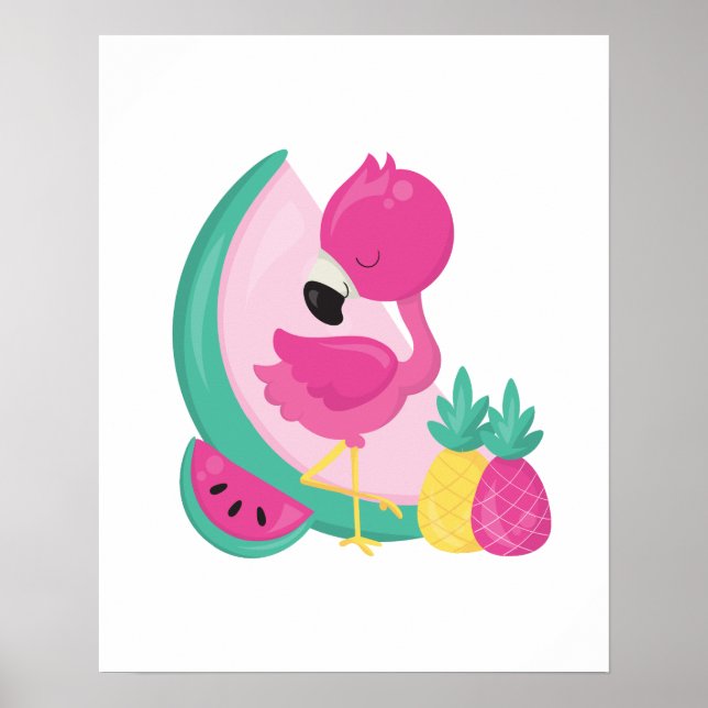 Pink Flamingo with Watermelon & Pineapples Poster (Front)
