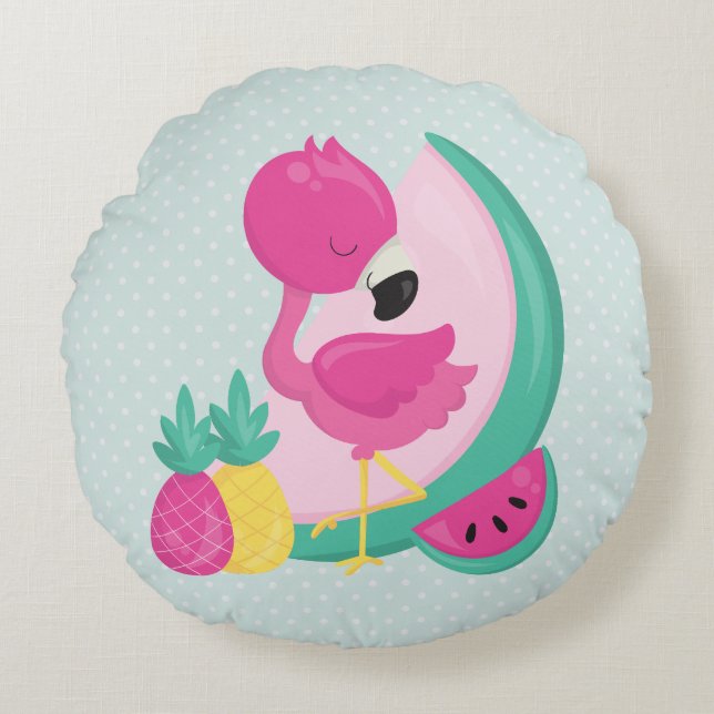 Pink Flamingo with Watermelon & Pineapples Round Cushion (Front)