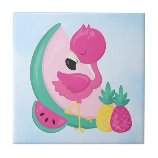 Pink Flamingo with Watermelon & Pineapples Tile (Front)