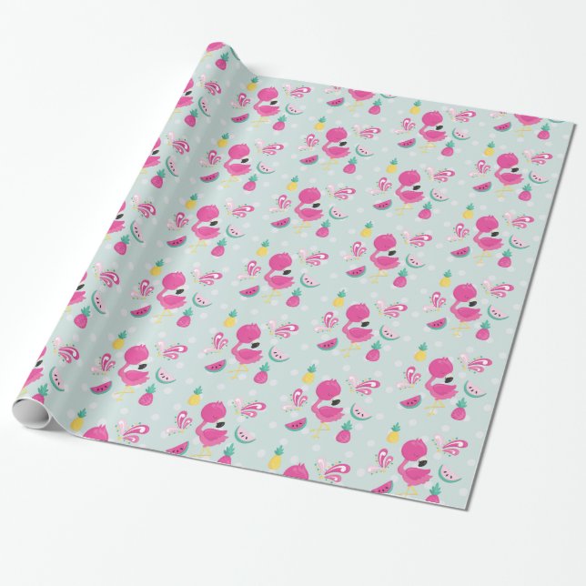 Pink Flamingo with Watermelon & Pineapples Wrapping Paper (Unrolled)