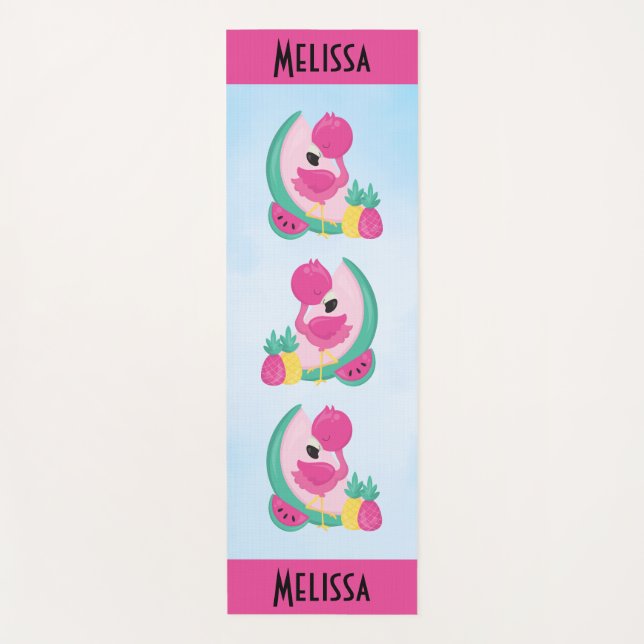 Pink Flamingo with Watermelon & Pineapples Yoga Mat (Front)