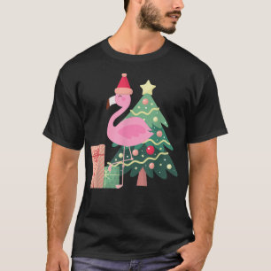 Pink Flamingo Xmas Tree Tropical Summer Christmas T-Shirt