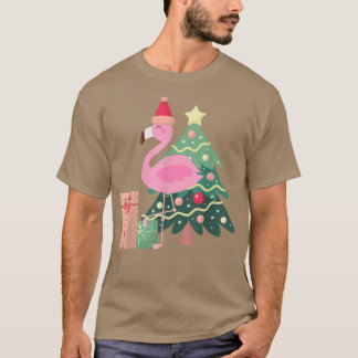 Pink Flamingo Xmas Tree Tropical Summer Christmas  T-Shirt