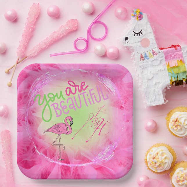 Pink Flamingo You Are Beautiful Inspirational  Paper Plate (Party)