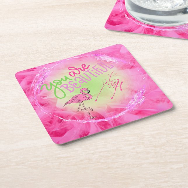 Pink Flamingo You Are Beautiful Inspirational  Square Paper Coaster (Angled)