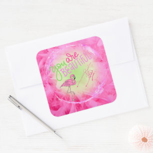Pink Flamingo You Are Beautiful Inspirational  Square Sticker