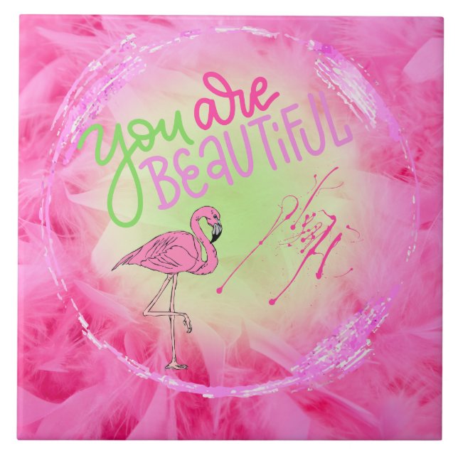 Pink Flamingo You Are Beautiful Inspirational  Tile (Front)