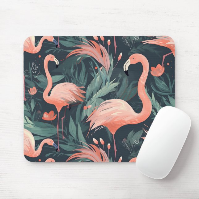 Pink Flamingoes In Ferns Mouse Mat (With Mouse)