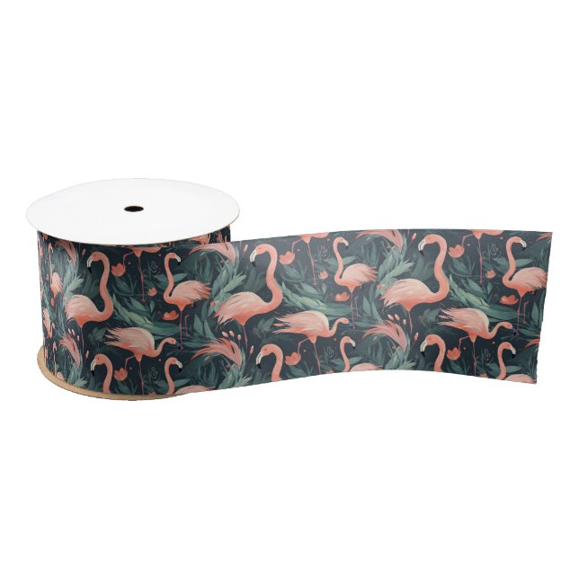 Pink Flamingoes In Ferns Satin Ribbon (Spool)