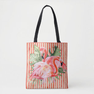 Pink Flamingoes Tropical Leaves Coral Stripes Tote Bag