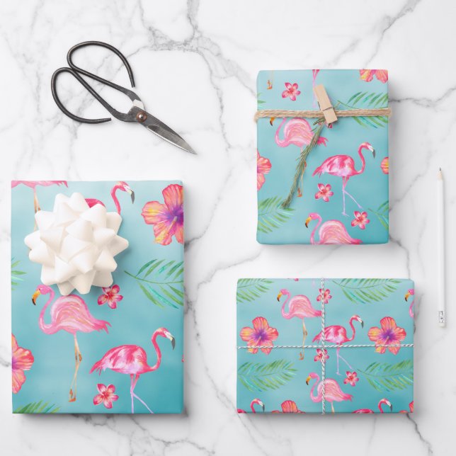 Pink Flamingoes & Tropical Pink Hibiscus Flower Wrapping Paper Sheet (Front)