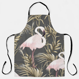 Pink flamingos and golden plants seamless pattern apron