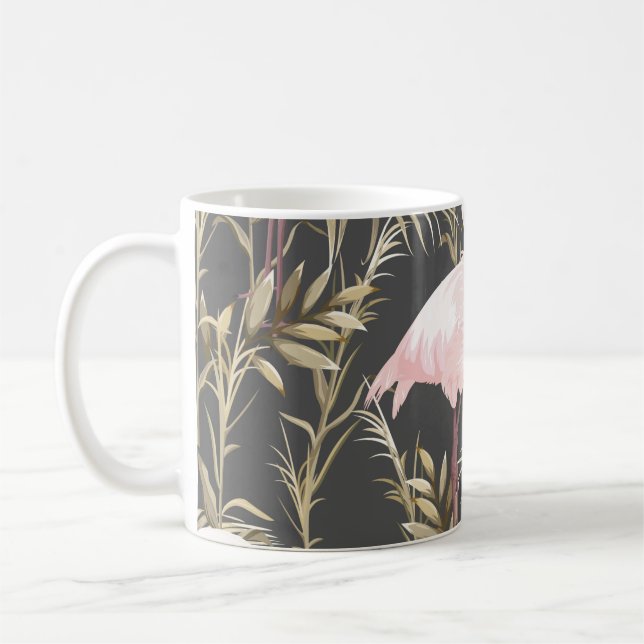 Pink flamingos and golden plants seamless pattern coffee mug (Left)