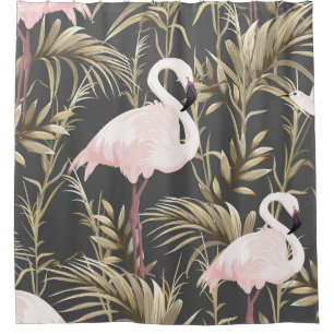 Pink flamingos and golden plants seamless pattern shower curtain