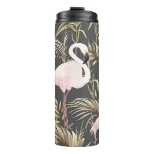 Pink flamingos and golden plants seamless pattern thermal tumbler