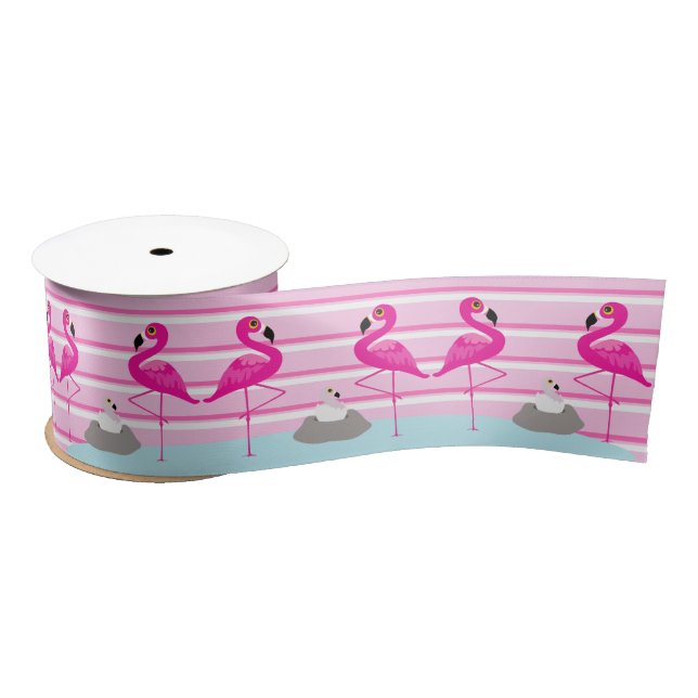 Pink flamingos and hatching baby pink strip ribbon satin ribbon (Spool)
