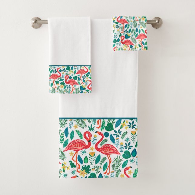Pink Flamingos and Tropical Flowers Pattern Bath Towel Set (Insitu)