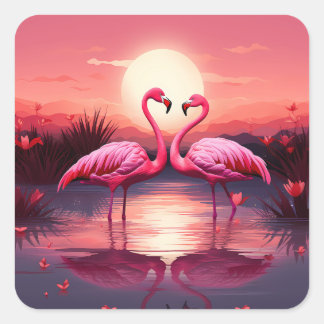 Pink Flamingos at Sunset Square Sticker