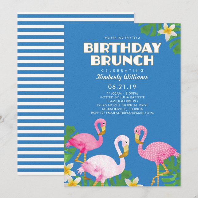 Pink Flamingos Birthday Brunch Blue Invitation (Front/Back)