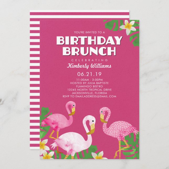 Pink Flamingos Birthday Brunch Fuchsia Invitation (Front/Back)