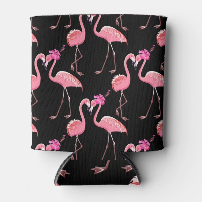 Pink Flamingos: Black Background Vintage Can Cooler (Front)