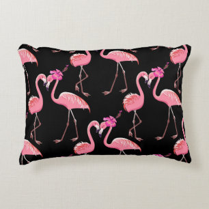 Pink Flamingos: Black Background Vintage Decorative Cushion